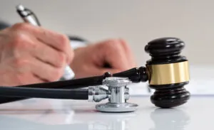 Gavel and stethoscope in courtroom