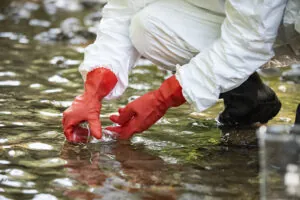 scientist wearing red gloves extracts a sample into a beaker from a body of water