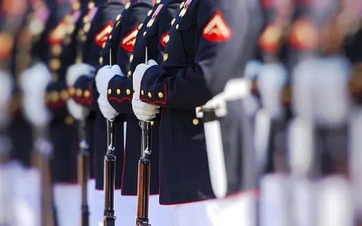 Marines in dress uniform stand at attention in a row