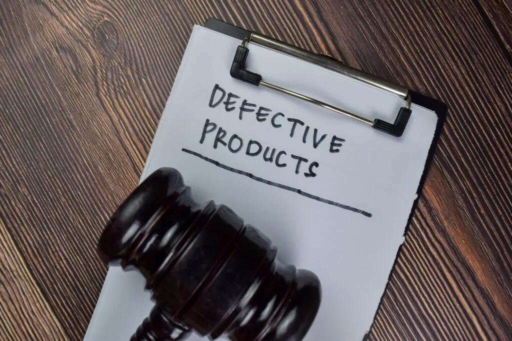 Clipboard with handwritten words Defective Products underscored, with gavel placed atop